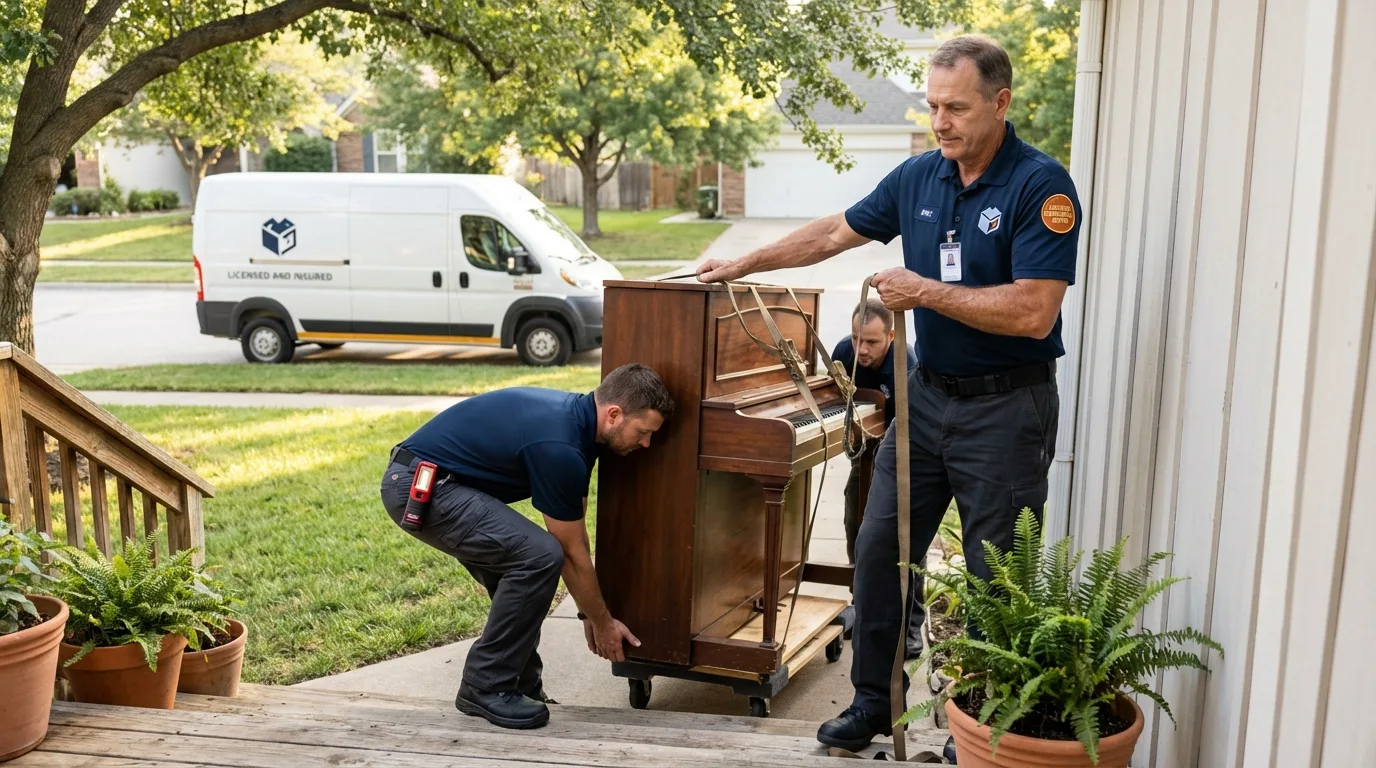Licensed piano movers securing grand piano in Roseville, OH