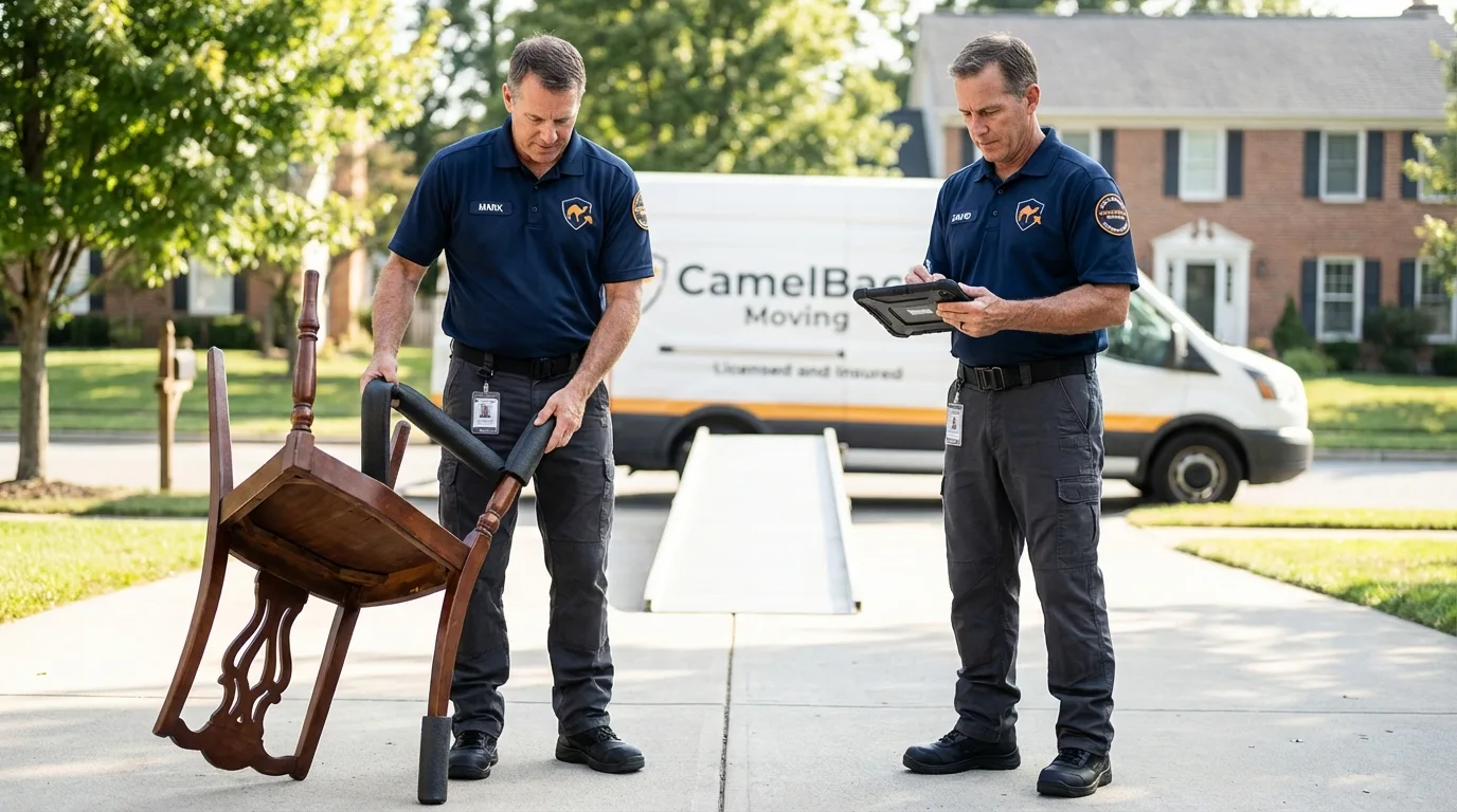 Movers inspecting furniture for damage prevention before loading in Roseville, OH