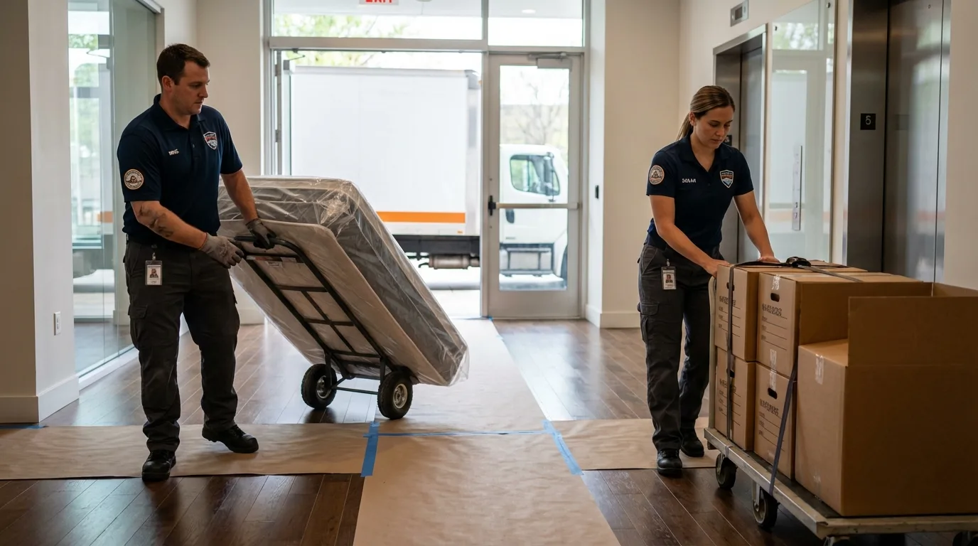 Professional apartment movers loading elevator in Roseville, OH