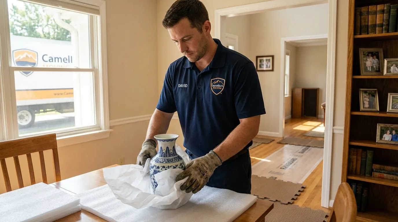 Professional crew carefully wrapping antique vase for senior downsizing move in Roseville, OH